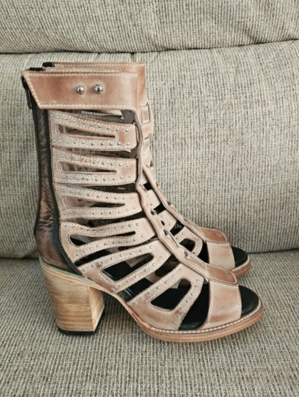 Freebird by Steven Metallic Taupe Cutout Block Heel Sandals